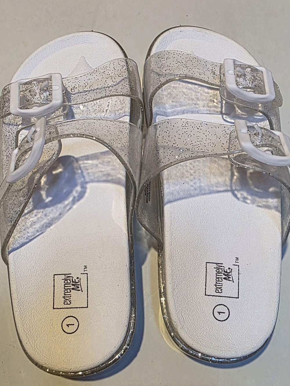 Extremely Me Clear Glitter Kids Slide Sandals with White Buckles